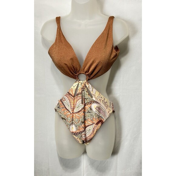 P2F Power 2 the Flower Womens Medium Copper Bathing One Piece Cut Out Swim‎ Suit - Picture 1 of 7